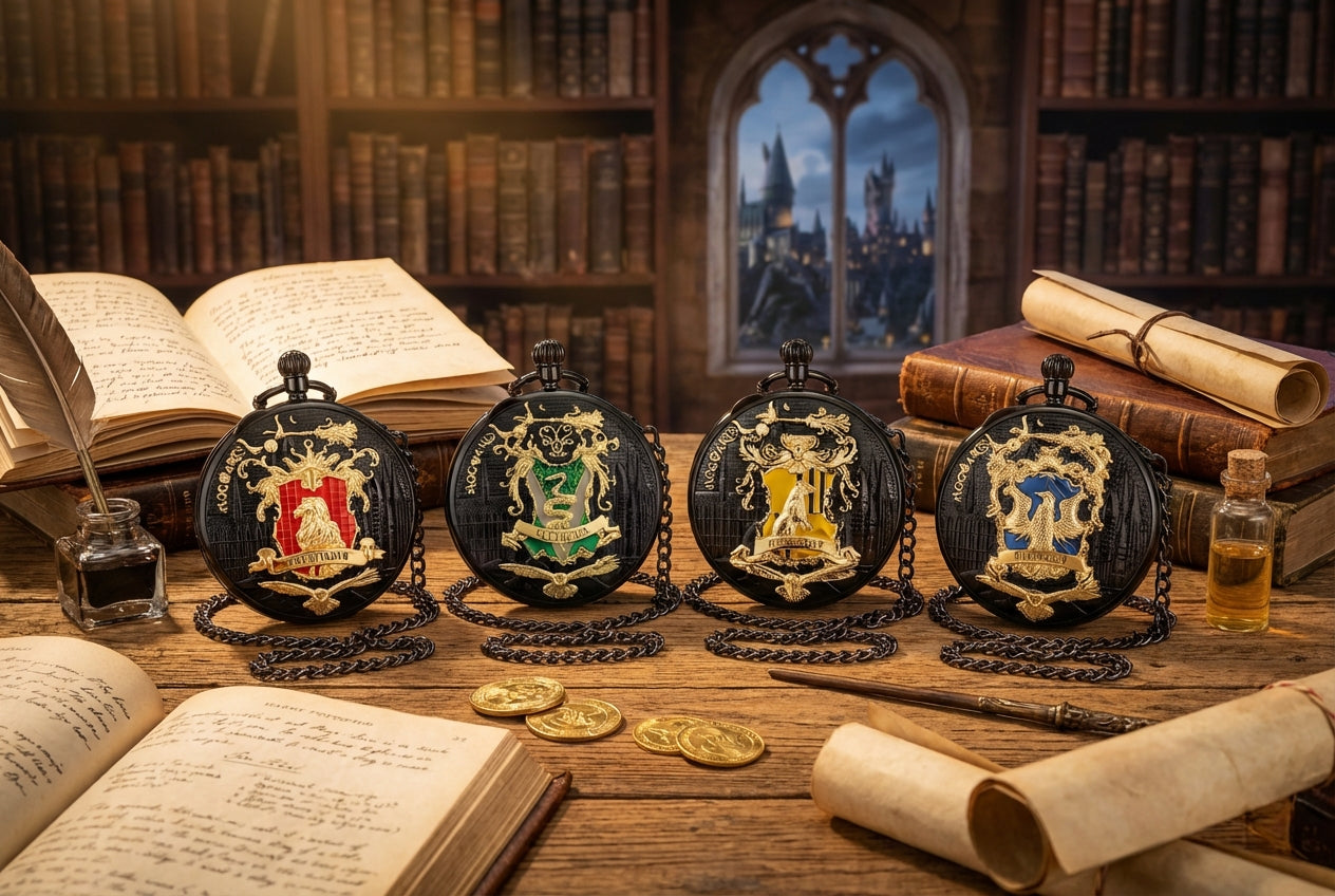 Four pocket watches with decorative cases on a wooden table in a library setting.